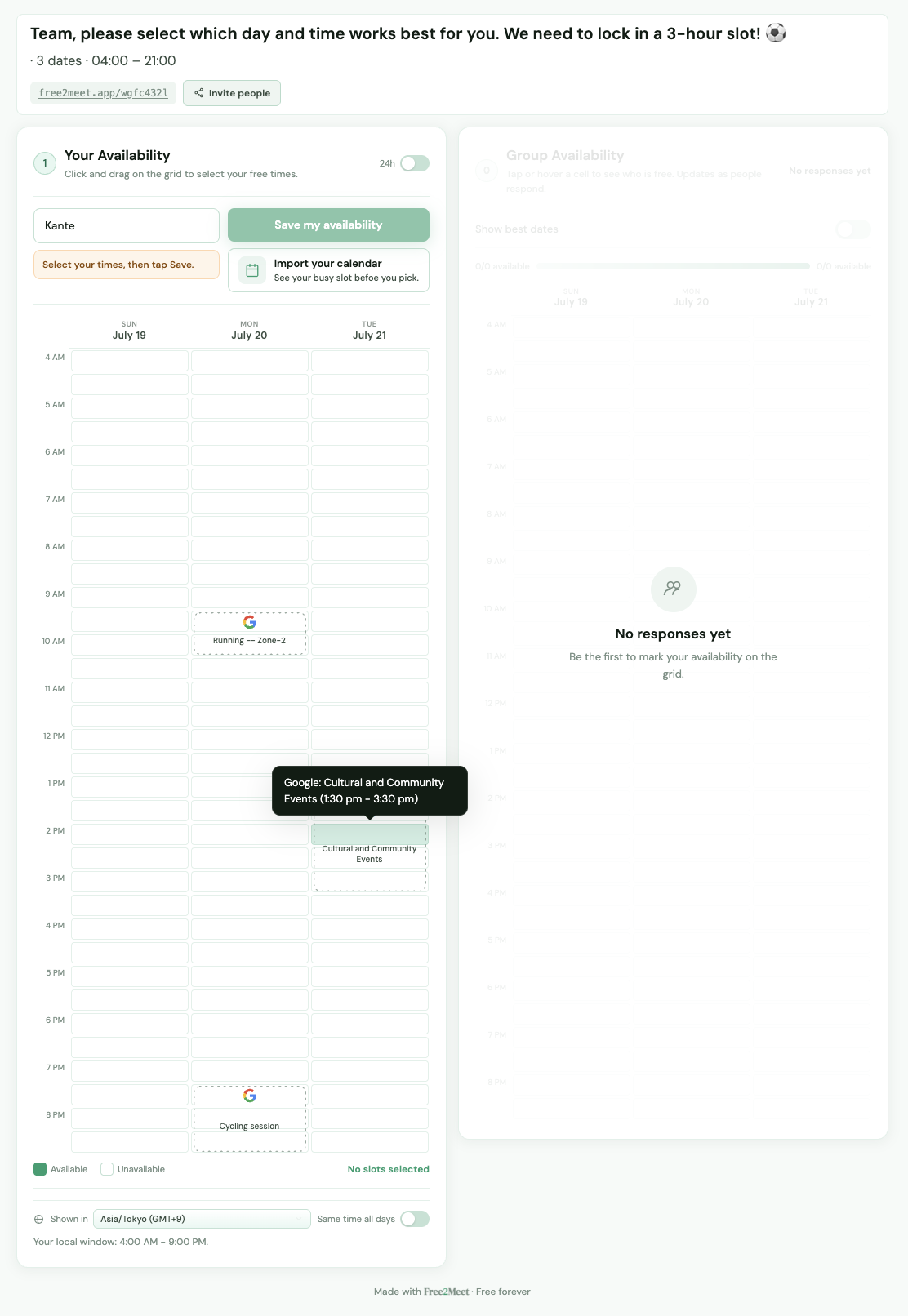 Calendar import modal with ICS subscribe link field on a scheduling poll