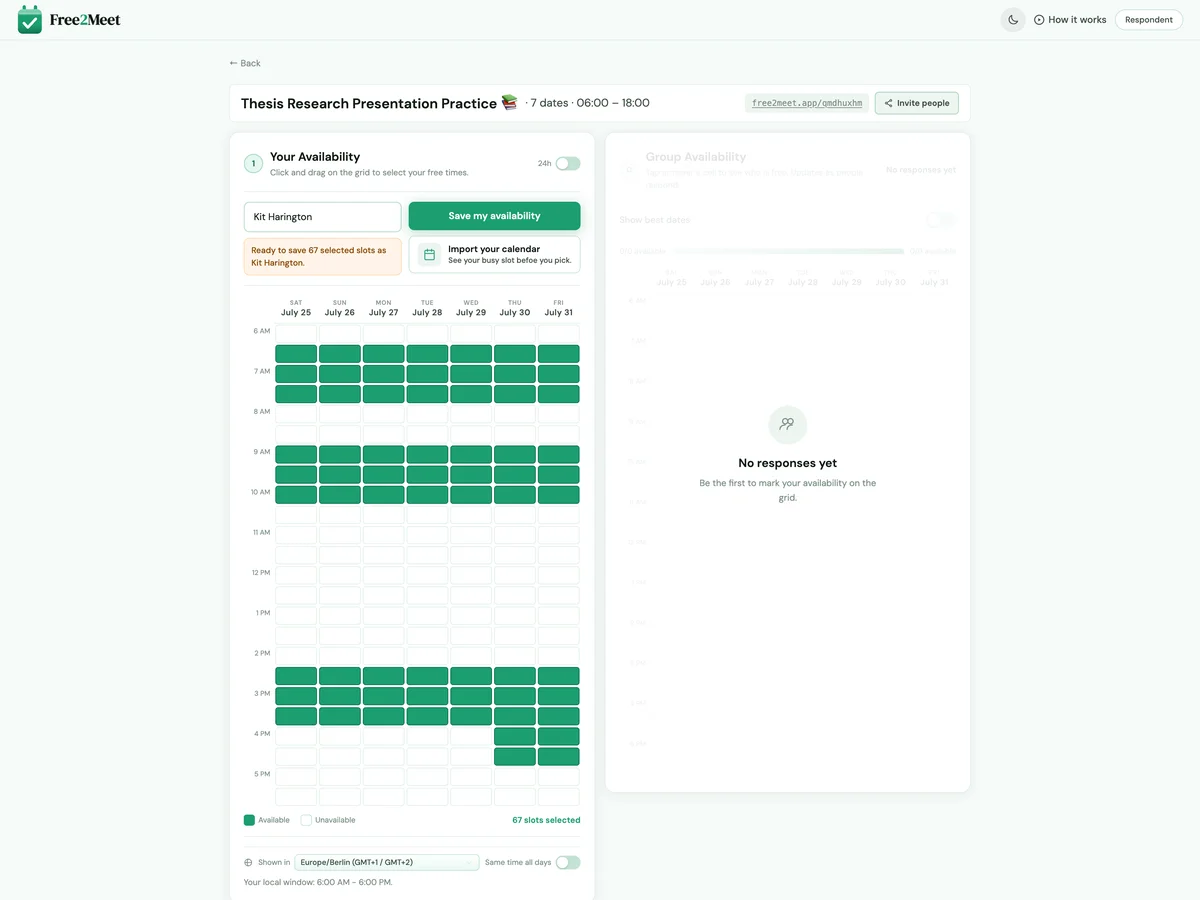 Personal datetime grid while marking free slots on a free poll
